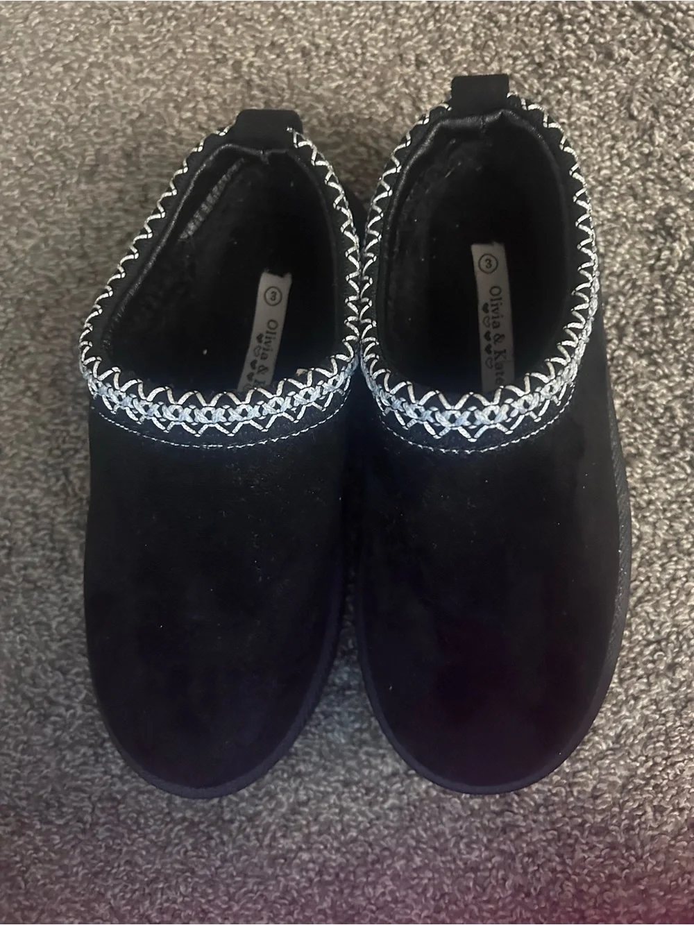 Kids Black Slip-On Suede-Style Ankle Boots with Decorative Stitching